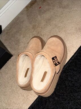 Tory Burch Tan Suede Shearling-Lined Clog Mules